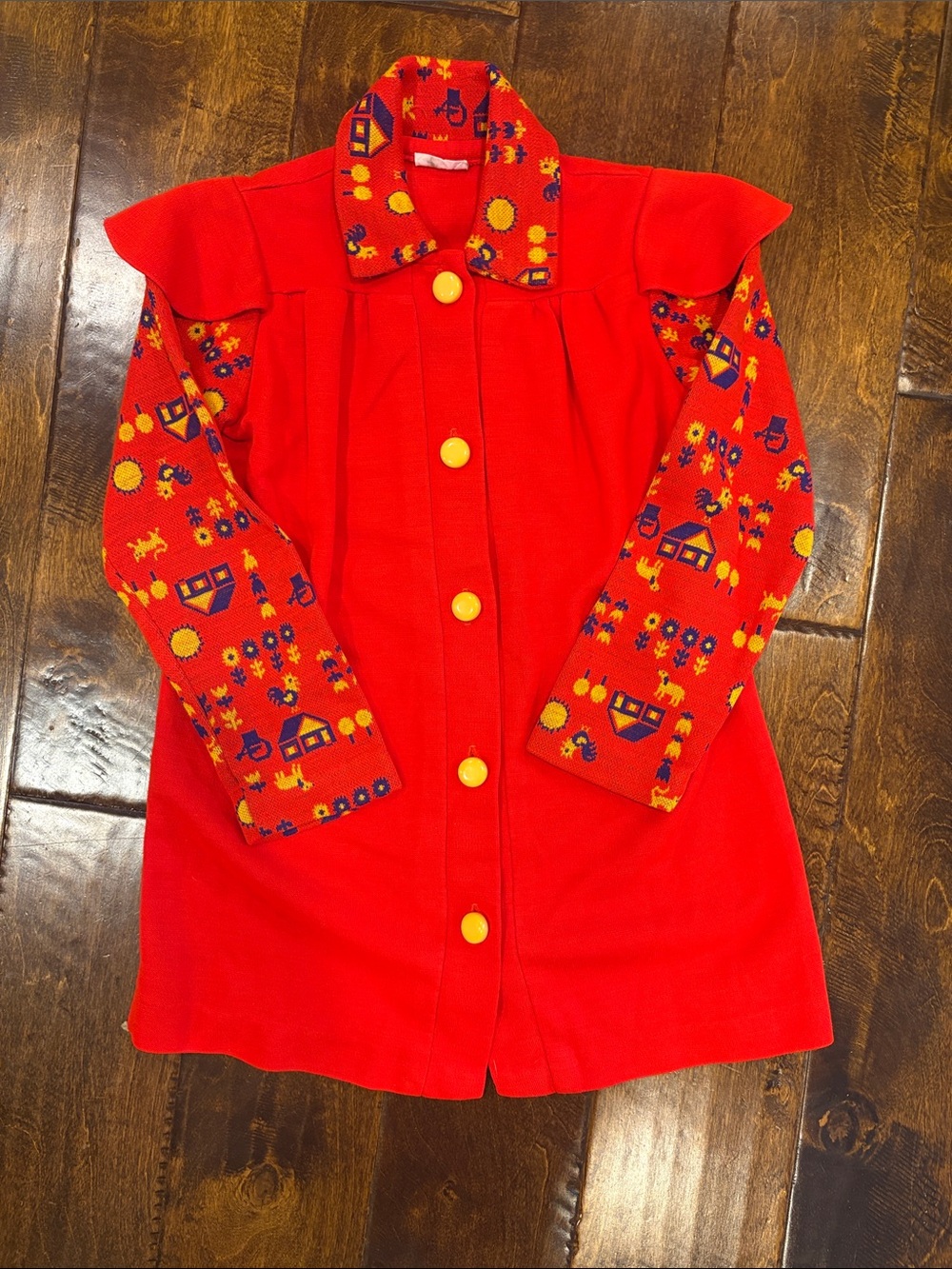 VTG 1960s/70s girls red folk art dress with pattern sleeves by Little Star